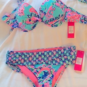 Lilly Pulitzer bikini Blossom underwiresize10 lagoon Sarong Hipster size 8bottom